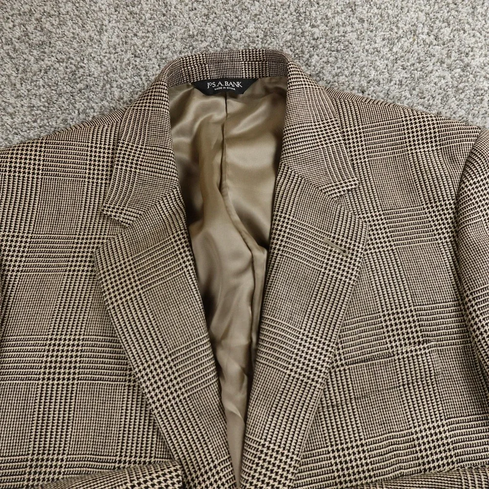 Jos‎ A Bank Blazer Mens 42L Brown Silk Camel Hair Houndstooth Sport Coat Jacket